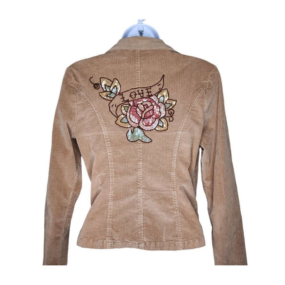 Vintage Y2K Gadzooks Corduroy Tapered Jacket Love Womens Size S Brown Tan